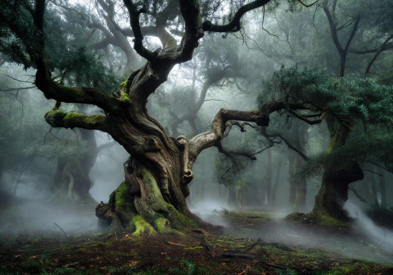 Ancient European Yew tree with twisted trunk in a misty forest
