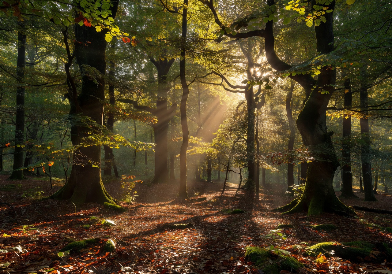 Central European deciduous forest with sunlight streaming through canopy