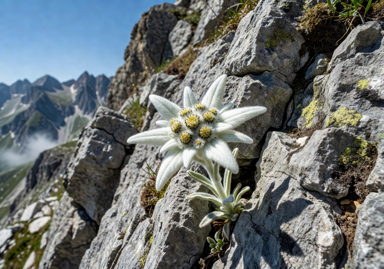 Close-up of an Edelweiss flower with its distinctive star-shaped white bracts on an Alpine cliff