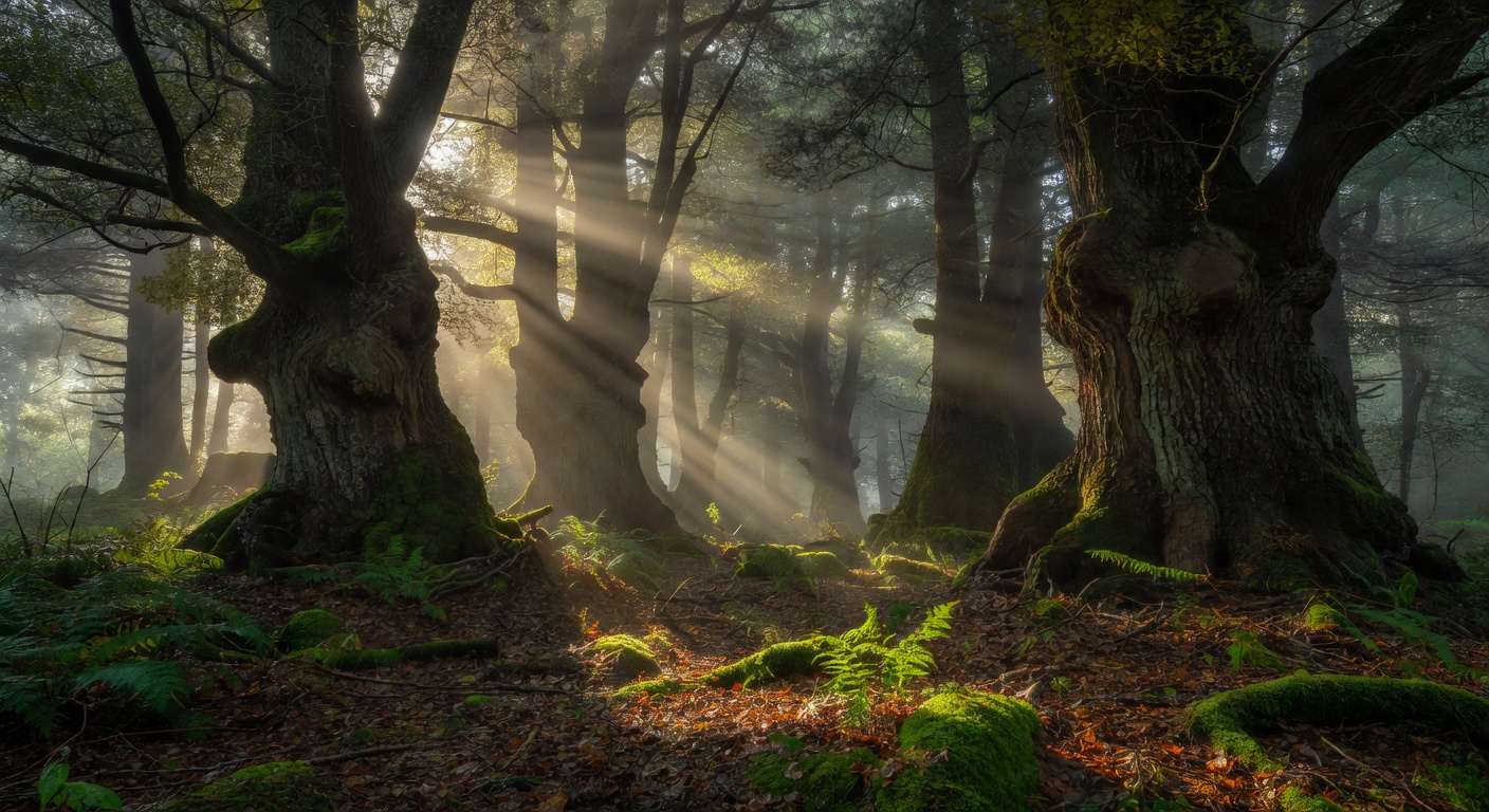 Dense European forest with light rays filtering through ancient trees