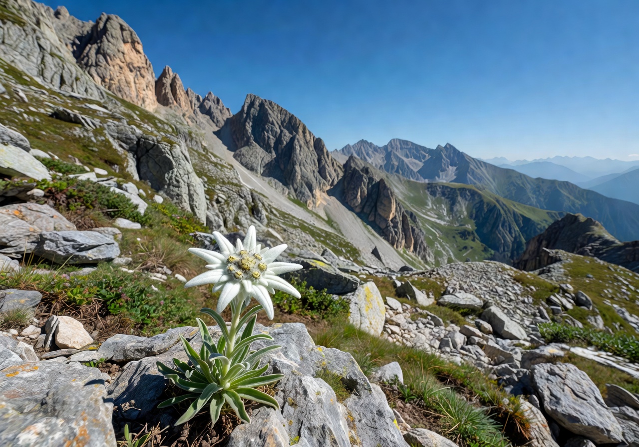 Edelweiss flower blooming on a rocky Alpine mountainside