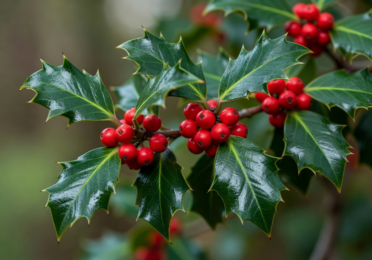 Holly plant with bright red berries and glossy green leaves