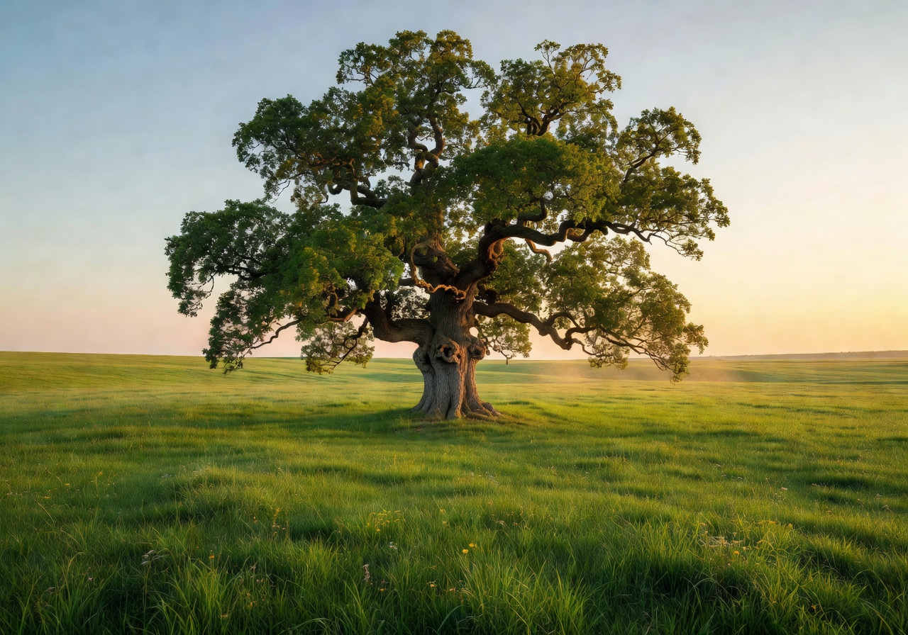 Majestic European oak tree standing alone in a green meadow
