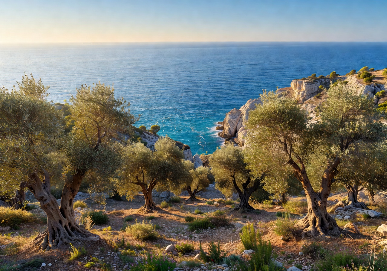 Mediterranean coastal landscape with olive trees and blue sea