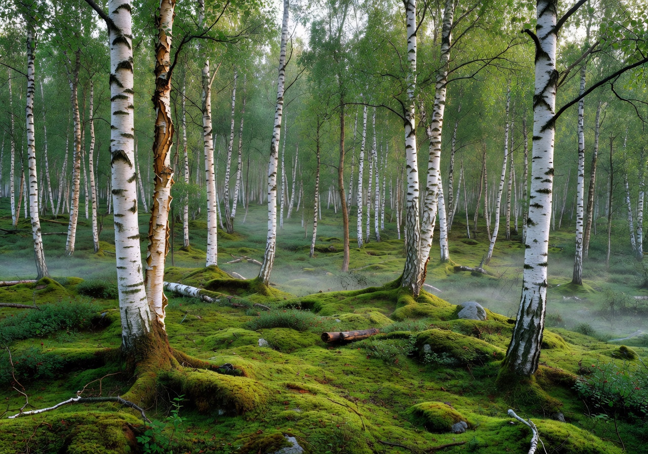 Northern European boreal forest with birch trees and mossy ground