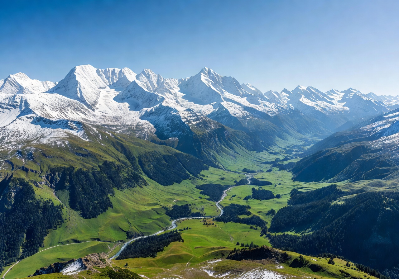 Panoramic view of the European Alps with snow-capped peaks and lush green valleys
