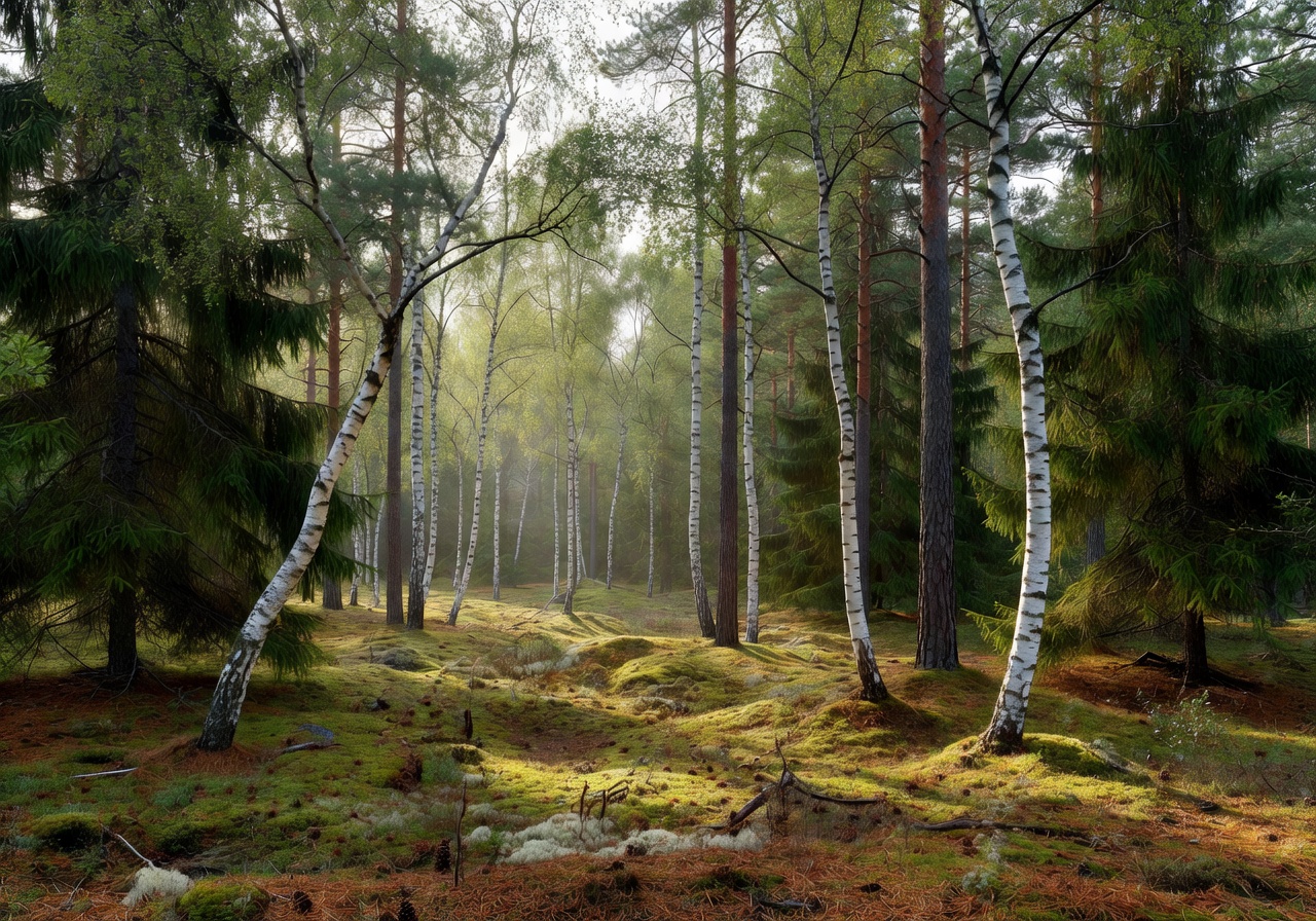 Scandinavian boreal forest with birch and pine trees in Northern Europe