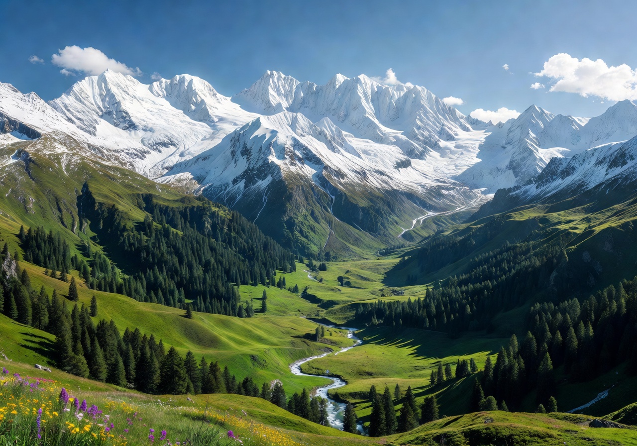 Snow-capped Alpine mountains with green valleys in the European Alps