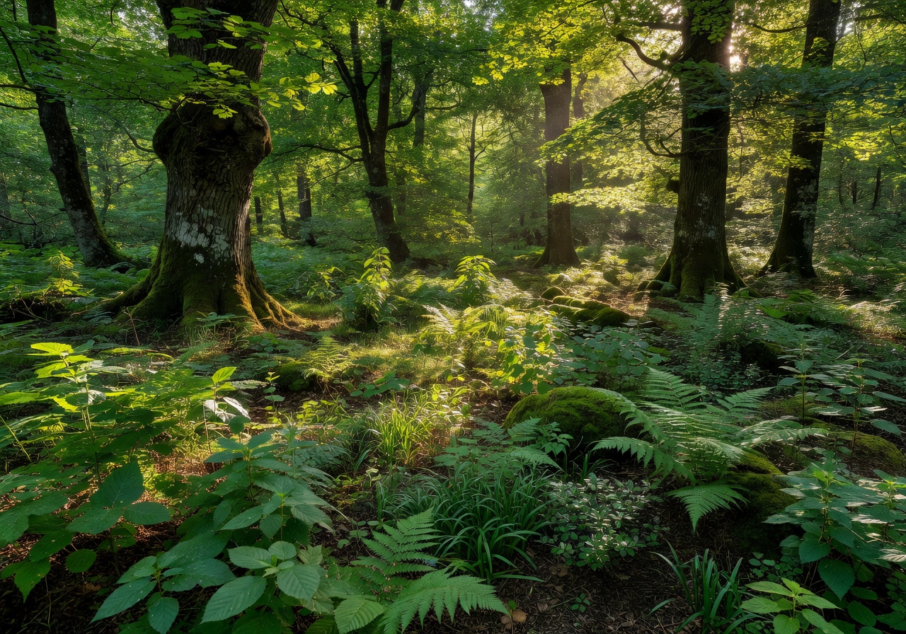Sunlit Central European deciduous forest with rich undergrowth