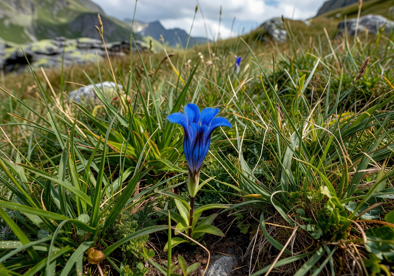 Vivid blue gentian flower growing among Alpine grasses